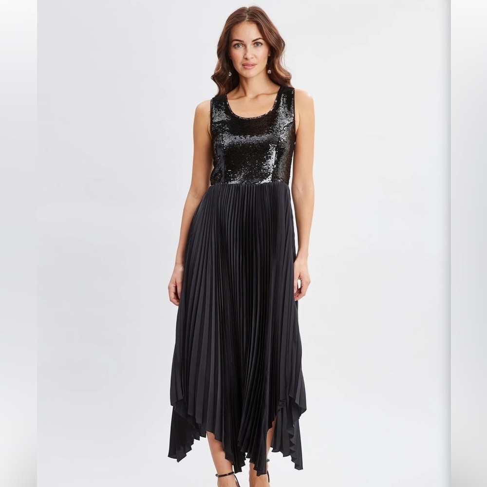 Elite tahari Sequin Bodice Pleated Dress